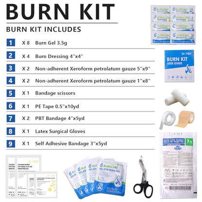 Dr.Med Burn Kit, 4pcs Burn Dressings 4x4”, 8pcs Burn Gel 3.5g, 4pcs Non-Adherent Xeroform Petrolatum Gauze, Burn First Aid Cooling Soothing Cream with Bandage, Latex Surgical Gloves, Scissors, Tape