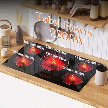 36 Inch Electric Cooktop, 5 Burner Electric Cooktop Bulit in, 9200W, 9 Power Levels, Electrics Stove with Timer, Safety Lock, Pause, 220V-240V Hard Wire - size: 36 Inch 5 burner D59254