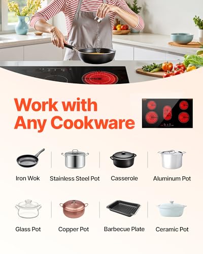 VEVOR Electric Cooktop, 36 inch 5 Burners Built-in Electric Stove Top, 8600W Ceramic Top Radiant Cooktop with Glass Panel, Touch Control, Timer, Child Lock, 9 Heat Level, 220-240V, Hard Wire (No Plug) - size: 36 IN-5 Burner+Touch Control