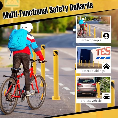 48" Safety Bollard Post, 4.5" Diameter Heavy Duty Steel Security Post, High Visibility Yellow Parking Barrier with Anchor Bolts & Installation Kit for Driveway, Garage, or Parking Lot