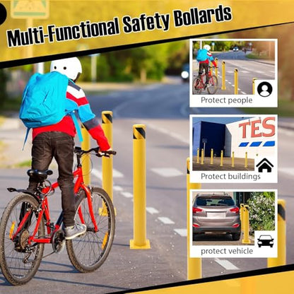 48" Safety Bollard Post, 4.5" Diameter Heavy Duty Steel Security Post, High Visibility Yellow Parking Barrier with Anchor Bolts & Installation Kit for Driveway, Garage, or Parking Lot