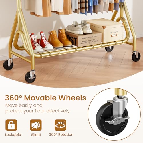 Heavy Duty Clothes Rack for Hanging Clothes, Double Rods Clothing Rack with Lockable Wheels, Rolling Garment Racks with Shelf, Easy to Assemble, Gold - color: Gold, size: Doule Rods