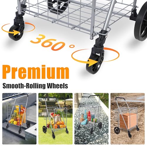 Whitmor Utility Folding Shopping Cart, 115L Heavy Duty Grocery Cart with Double Basket, 360° Swivel Wheels, Foldable Rolling Utility Trolley, 110 Lbs Capacity for Grocery, Laundry, Travel, Sliver - size: 21.29"L x 21.65"W x 36.2"H, Sliver