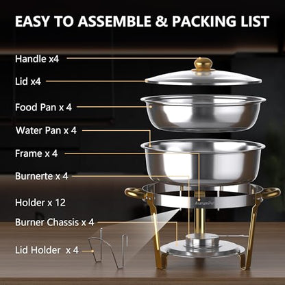 Chafing Dishes for Buffet with Glass Lid & Rolled-Edge 4 Pack 6QT, Gold