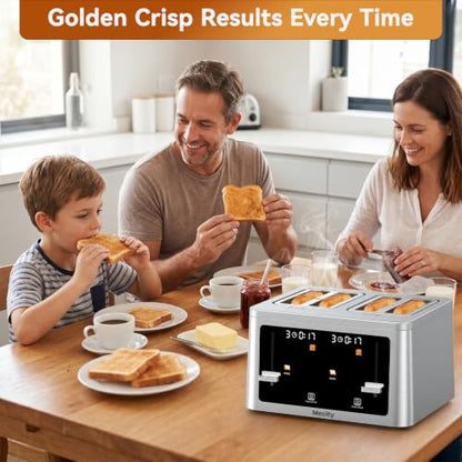 Mecity 4 Slice Touchscreen Toaster, 6 Bread Modes & 6 Browning Levels, Dual Touch Control Wide Slot Stainless Steel Electric Toaster with Memory, Defrost, 3-Min Auto Shutoff for White, Bagels, Waffles - color: 4 Slot-Brushed stainless steel
