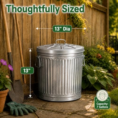 Gardenised Round Galvanized Steel, 7 Gallon Trash Can with Lid - Durable Metal Bucket for Backyard, Lawn, Garden and Yard Use - Weather-Resistant Garbage Can for Indoor and Outdoor, 13 inch - size: 7 Gallons