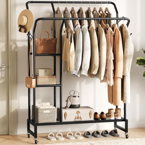 Yoobure Double Rods Clothes Rack - Portable Clothing Rack with Wheels, Rolling Garment Rack with 3-Tier Shelves & 4 Hooks, Freestanding Clothing Racks for Hanging clothes