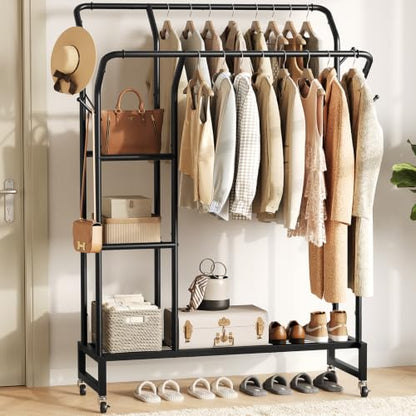 Yoobure Double Rods Clothes Rack - Portable Clothing Rack with Wheels, Rolling Garment Rack with 3-Tier Shelves & 4 Hooks, Freestanding Clothing Racks for Hanging clothes