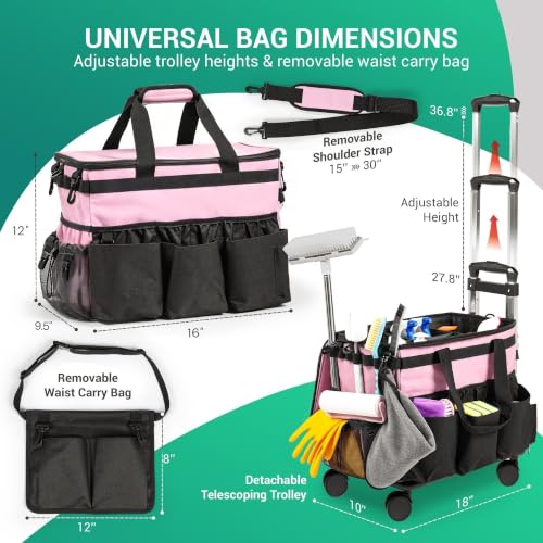 Rolling Cleaning Caddy Bag w/Detachable Trolley & Lid (Pink) - color: Pink