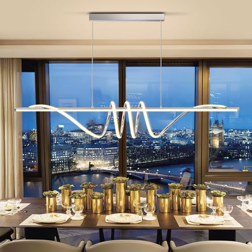 Modern Pendant Light Kitchen Island 57in Dimmable Hanging Lamp 3000k-6000K Adjustable Warm/Nautral/White with Remote Control, Dining Room Light Fixture Chrome Silver - color: A-Silver, size: 57inch