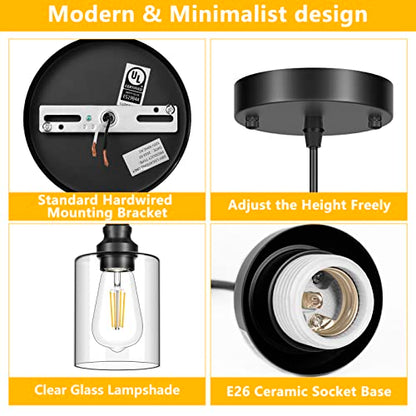Licperron 3 Pack Hanging Pendant Lighting Fixtures, Adjustable Black Hanging Ceiling Lamp with Clear Glass Shade, Modern Pendant Light for Kitchen Island, Dining Room, Bedroom, Hallway - size: 3-Pack