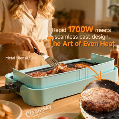 Cleansnap Everyday Electric Griddle,The Ultimate Gift for Family Feasts - 20” Nonstick Grill with Foldable Anti-Mess Shield, Rapid 1700W Heat & PPG Ceramic Coating, Dishwasher Safe, Saga Blue - color: Saga Blue