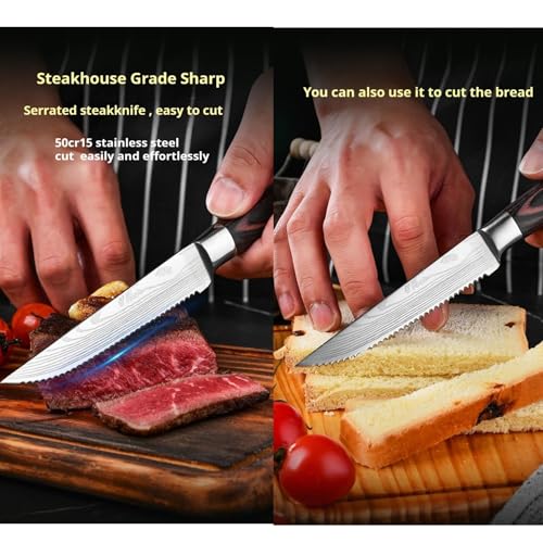 Steak Knives Set, 6/8/14 Piece Options, German High Carbon Stainless Steel, 5cr15MoV steel, Wood Handle,Full Tang Design,serrated Meat Knife, Sharp Dinner Knives (14PCS)