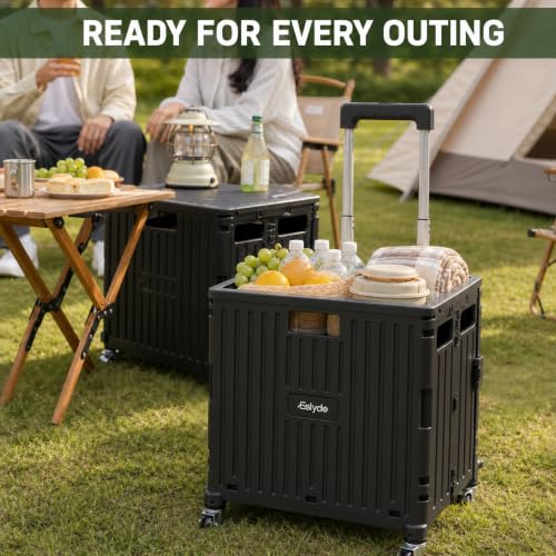 Folding Utility Cart Portable Rolling Crate Handcart Shopping Trolley Collapsible Tool Box, with Lid, Basket on 4 Rotating Wheels, for Grocery, Garden, Office, Storage, Teacher, Tool (Black) - color: Black