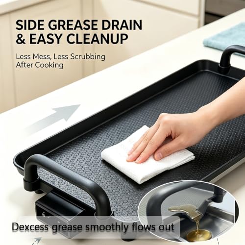 PineyPlace Electric Griddle for Bacon, Eggs, Pancake, Breakfast and Camping Grilling, 1400W NonStick Flat Top Indoor Grill, 5 Adjustable Temperatures, Dishwasher Safe, Black, 22.83 x10.24inches