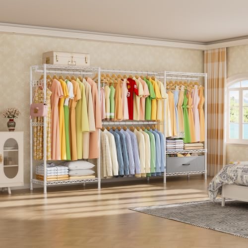 Golpart Heavy Duty Clothing Rack with Adjustable Shelves Clothes Wardrobe - color: White, size: 15"DX(70-88)"WX74.5"H