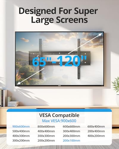 85 86 98 100 inch Heavy Duty Tilt TV Wall Mount Bracket for 65-120 inch Large TVS Up to 220LBS, Tilting TV Mount, Max VESA 900×600mm, 16/18/24/32" Studs, Fit Most 65+ 75+ 120 TVs - size: 65-120"