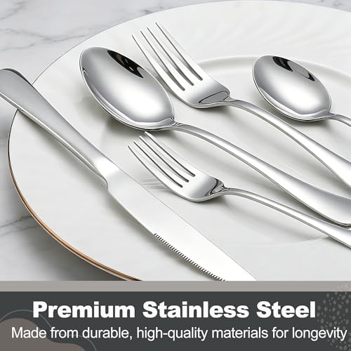 Runfly 40-Piece Silver Flatware Set, Stainless Steel Cutlery Set for 8 - color: Silver, size: 40