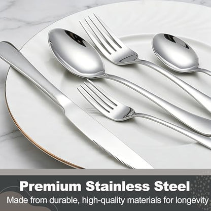 Runfly 40-Piece Silver Flatware Set, Stainless Steel Cutlery Set for 8 - color: Silver, size: 40