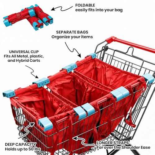 Handy Sandy Cart Caddy – 3-Pack Reusable Shopping Bags with Cart Clips | Heavy-Duty Grocery Organizer Tote Set | Eco-Friendly, Foldable, 40 lb Capacity | Red - color: Bright Red