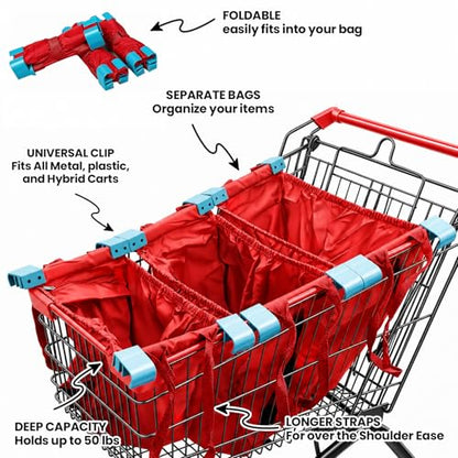 Handy Sandy Cart Caddy – 3-Pack Reusable Shopping Bags with Cart Clips | Heavy-Duty Grocery Organizer Tote Set | Eco-Friendly, Foldable, 40 lb Capacity | Red - color: Bright Red
