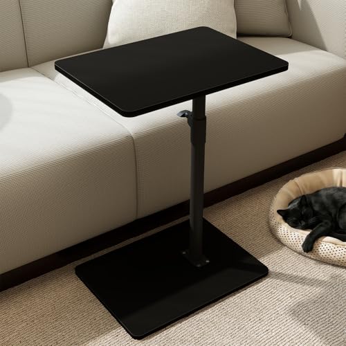 YUHFERA Sofa Armrest Tray Table for Couch - 360 Swivel Height Adjustable C-Shaped End Table for Small Spaces, Snack Side Table for Bed or Chair with Phone & Tablet Slot, Black, Enlarged - color: Black, size: Enlarged