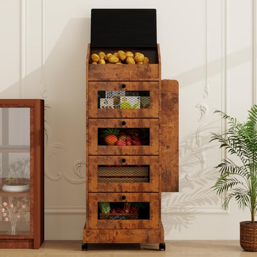 ARTETHYS Potato Storage Bin 5-Tier Rolling Bread Box Cabinet with Side Rack - color: Rustic