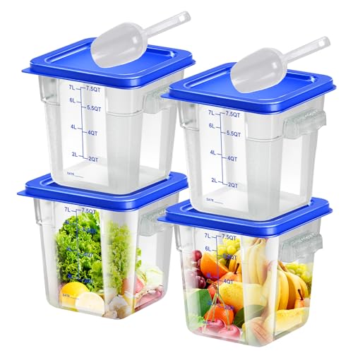 4 pcs 8qt Food Storage Containers with Lid, Square Clear Commercial Food Storage Containers with Handle and Scale for Food Storage in Home Kitchen & Dining (Blue) - color: C4-8QT-4PCS-BLUE