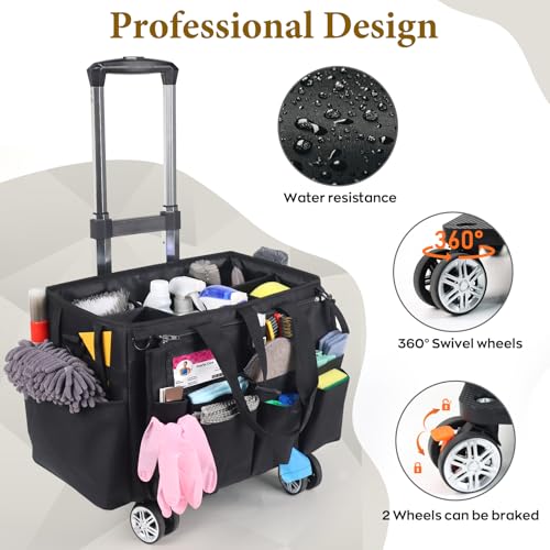 Rolling Cleaning Caddy Bag with Detachable Trolley, Multi-Functional Portable Cleaning Cart Supplies Organizer for Housekeeping and Domestic Cleaning, Cleaning Caddy with Wheels, Black - color: Black