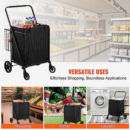 VEVOR Folding Shopping Cart with Removable Waterproof Liner, 330LBS Large Capacity Jumbo Grocery Cart with Dual Basket, 360° Swivel Wheels, Dense Metal Mesh Base, Heavy Duty Utility Cart for Shopping - size: Jumbo