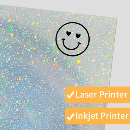 Printable Sticker Paper, 20 Sheets Printable Holographic Star Sticker Paper, Laser/Inkjet Printing- Holographic, Letter Size (8.5" x 11") - color: Holographic Star, size: 8.5" x 11"