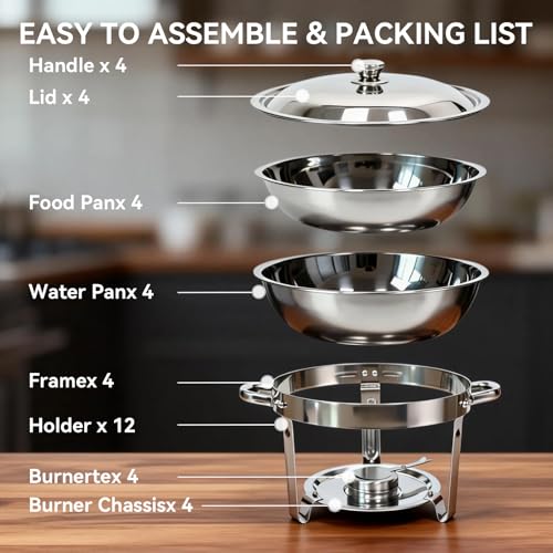 4-Pack Chafing Dishes for Buffet，6QT 304 Stainless Steel Round Chafing Dish Buffet Set - Complete Food Warmers with Lids, Water Pans, Fuel Can Holders for Catering & Wedding Receptions，Silver - color: Full Silver