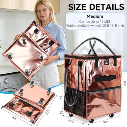 Reusable Grocery Bag On Wheels, 70L Foldable Rolling Tote with 6 Pockets - color: Rose Gold, size: Medium