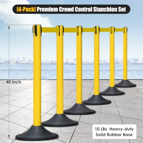 Crowd Control Stanchion Set, 4Pcs 10-Foot Retractable Belt Posts - color: Yellow