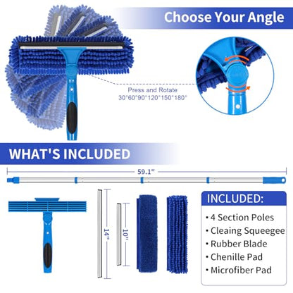 67" Squeegee Window Cleaner, 2 in 1 Professional Window Cleaning Tool Kit with Extension Pole, Window Washing Equipment with Rotatable Head for Indoor Outdoor Windows Car Glass - color: Blue