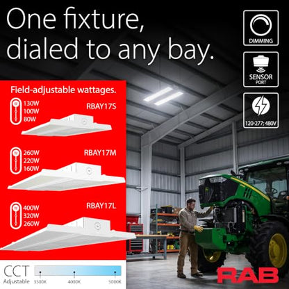 RAB Lighting RBAY15S LED High Bay Light - 130W 100W 80W Adjustable Linear High Bay Lighting Fixture - 3500K 4000K 5000K Dimmable 0-10V - Warehouse Shop Light 120-277V - size: S