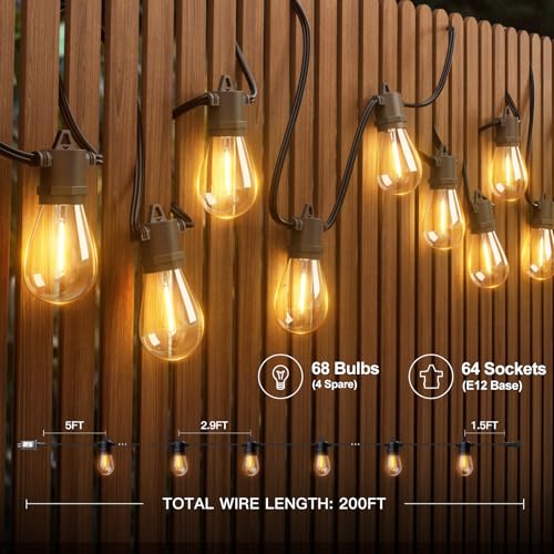 addlon 200FT LED Outdoor String Lights, Waterproof Dimmable Bulbs for Patio - size: 200FT(4-Pack)