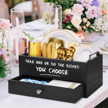Paper Plate Dispenser with Drawer for Kitchen Countertop, Wooden Paper Plate Holder with Large Cup Holder, Rustic Wood Silverware Caddy Holder, Paper Plate Organizer Kitchen Accessories(Black-Drawer) - color: Black-Drawer