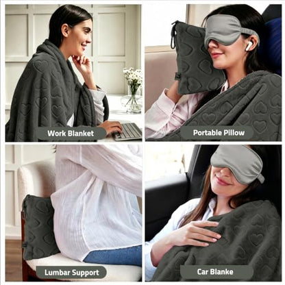 Travel Blanket, Airplane Blanket, Ultra-Soft, Warm & Lightweight, 65x40 in, Outdoor Blanket Essentials for Women, Men & Kids, Included Eye Mask, Luggage Sleeve & Backpack Clip Heart Grey - color: Heart Dusty Gray