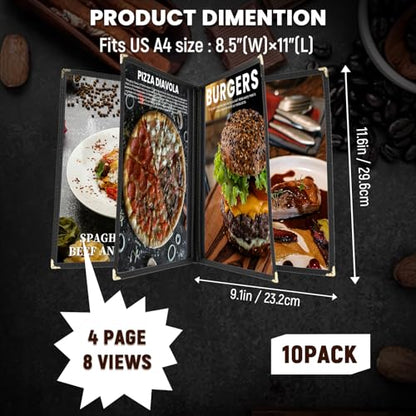 8.5 x 11 Inch Menu Covers 10 Pack Double Stitched Menu Sleeves 4 Pages / 8Views Menu Holder Crystal Clear Vinyl Protection Easy-Insert Design for Bar Cafe Restaurant Menu Covers - size: 10 Pack (4 Page, 8 View)