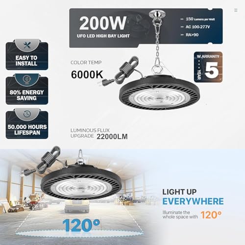 200W-1Pack UFO LED High Bay Light,22000lm 6000K Daylight 2000W Equivalent with US Plug Cable LED Garage Lights Commercial Warehouse Area Light Workshop Garage Factory Lowbay Area Lighting - color: 200W-1Pack