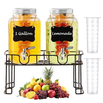 1 Gallon Glass Beverage Dispenser Set of 2 with Stand & Fruit Infuser, Stainless Steel Spigot, Beverage Dispenser for Parties, Weddings, BBQs, Lemonade, Sun Tea, Juice & Cold Drinks - size: 1 Gallon Double