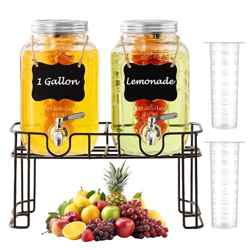 1 Gallon Glass Beverage Dispenser Set of 2 with Stand & Fruit Infuser, Stainless Steel Spigot, Beverage Dispenser for Parties, Weddings, BBQs, Lemonade, Sun Tea, Juice & Cold Drinks - size: 1 Gallon Double