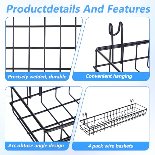 4 Pcs Wire Baskets Wall Grid Panel Hanging Wire Basket Hanging Wall Baskets No Drilling Wall Hanging Baskets Grid Wall Storage Basket for Kitchen Bathroom Home Decor Supplies, Black