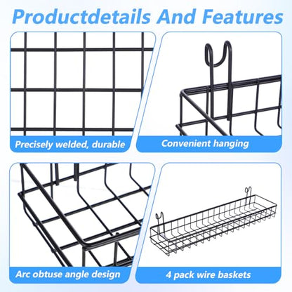 4 Pcs Wire Baskets Wall Grid Panel Hanging Wire Basket Hanging Wall Baskets No Drilling Wall Hanging Baskets Grid Wall Storage Basket for Kitchen Bathroom Home Decor Supplies, Black