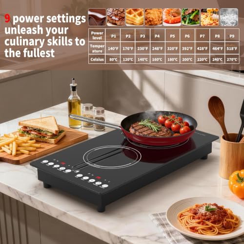 VBGK induction cooktop,110V 2300W countertop hot plate with Brushed Panel LED touch Control, induction cooker with 9 Power Levels, Kids Lock & 2H Timer,12 Inch doubledouble burner hot plate - size: double induction cooktop