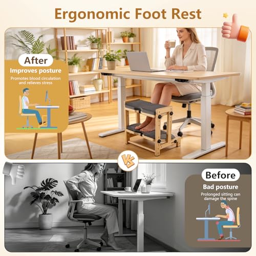 Double Step Foot Rest Under Desk, 8-Level Dual Adjustable Under Desk Foot Rest– 4 Height + 4 Angle Settings, Ergonomic Leg Rest with Cushion for Posture Support, Home Office & Gaming, Natural Wood