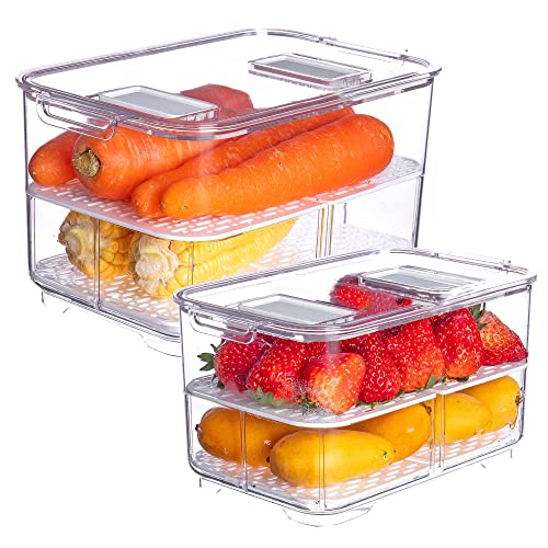 vacane Produce Saver with Lids, 2 Piece Fruit Vegetable Storage Container with Vents Stackable Fridge Drawers Organizer Salad Lettuce Keeper For Refrigerator,Bpa-free Fresh Keeper,5.7L&2.8L - color: M+L