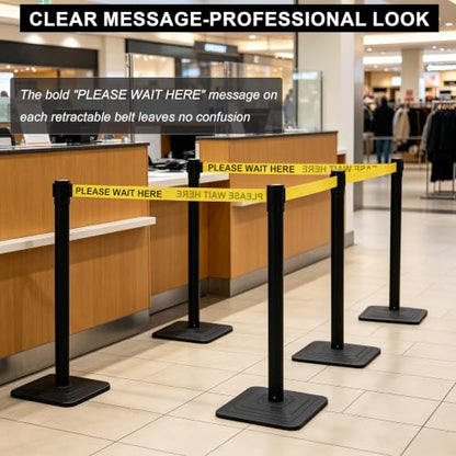 OrangeStar 4-Pack Crowd Control Stanchions, Heavy Duty Stanchion Set - color: Yellow-PLEASE WAIT HERE