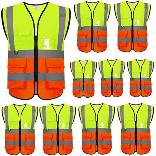 zojo High Visibility Reflective Safety Vest with Multi Pockets 10 Pack Bulk - color: Mix Yellow & Orange, size: X-Large